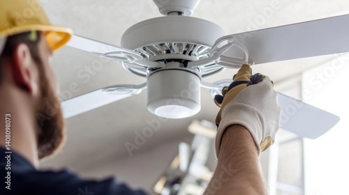 Electrician installing a ceiling fan in a living room. Featuring fan installation and home electrical work