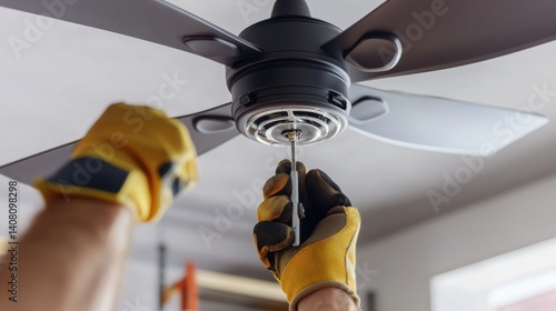 Electrician installing a ceiling fan in a living room. Featuring fan installation and home electrical work