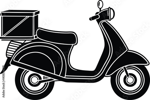 pizza delivery scooter in doodle silhouette icon, girl on scooter, retro vintage scooter, vintage scooter vector, girl with scooter on white background.