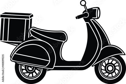 pizza delivery scooter in doodle silhouette icon, girl on scooter, retro vintage scooter, vintage scooter vector, girl with scooter on white background.