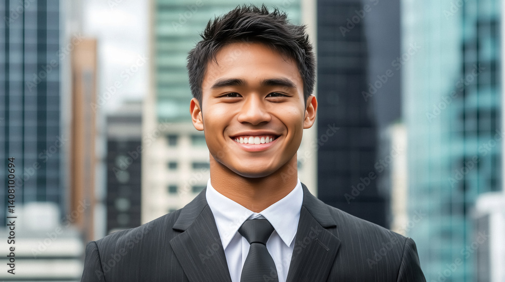 Smiling young professional in suit against city skyline radiating confidence and success Smiling young professional in suit against city skyline radiating confidence and success