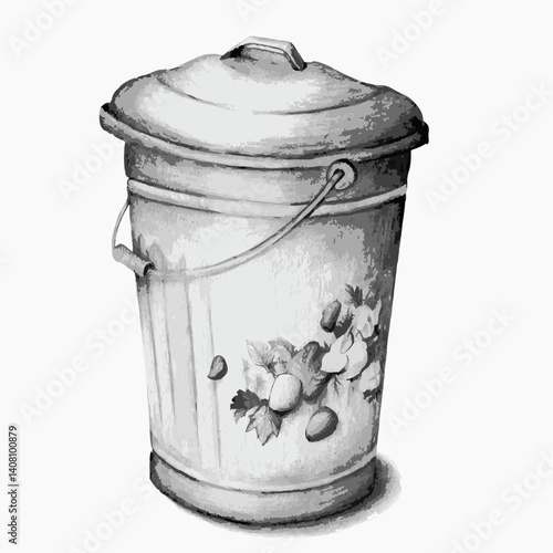Compost bin drawing, vintage style, monochrome colors, eco-friendly illustration concept