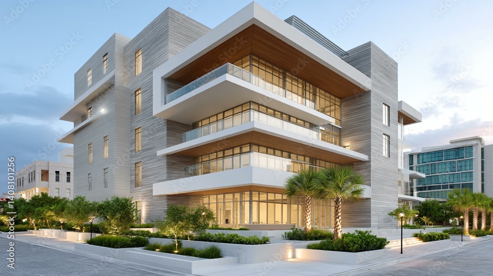 Night render of green building with ambient LED lighting powered by renewables, sleek lines and natural stone cladding Night render of green building with ambient LED lighting powered by renewables, sleek lines and natural stone cladding