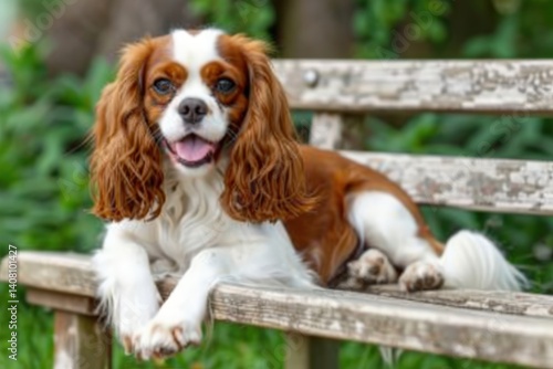 Playful cavalier king charles spaniel on a park bench outdoor setting pet photography natural light close-up perspective