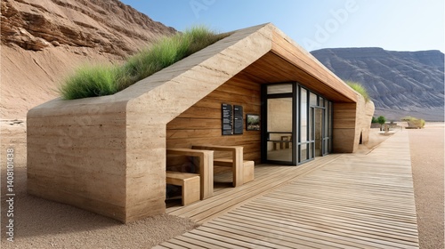 Sustainable cultural center made from adobe and wood, blending into desert environment, featuring passive cooling and solar shading