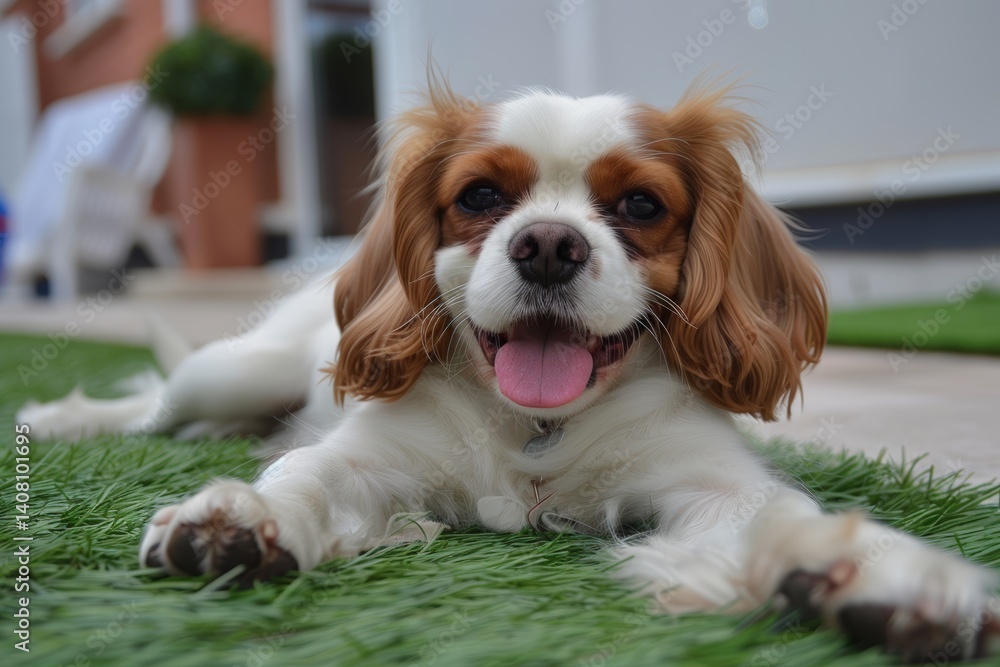 Happy cavalier king charles spaniel dog relaxing on grass at home pet photography outdoors close-up joyful moment Happy cavalier king charles spaniel dog relaxing on grass at home pet photography outdoors close-up joyful moment