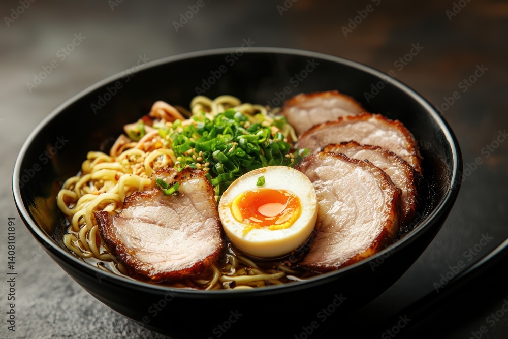Bowl of ramen with pork egg and green onions on dark background. Bowl of ramen with pork egg and green onions on dark background.