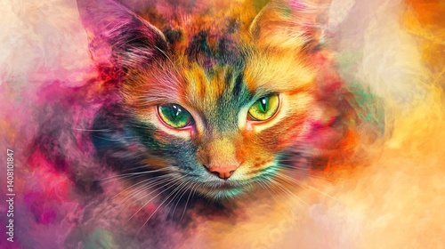 Vibrant feline portrait with watercolor effects, captivating gaze, artistic rendering