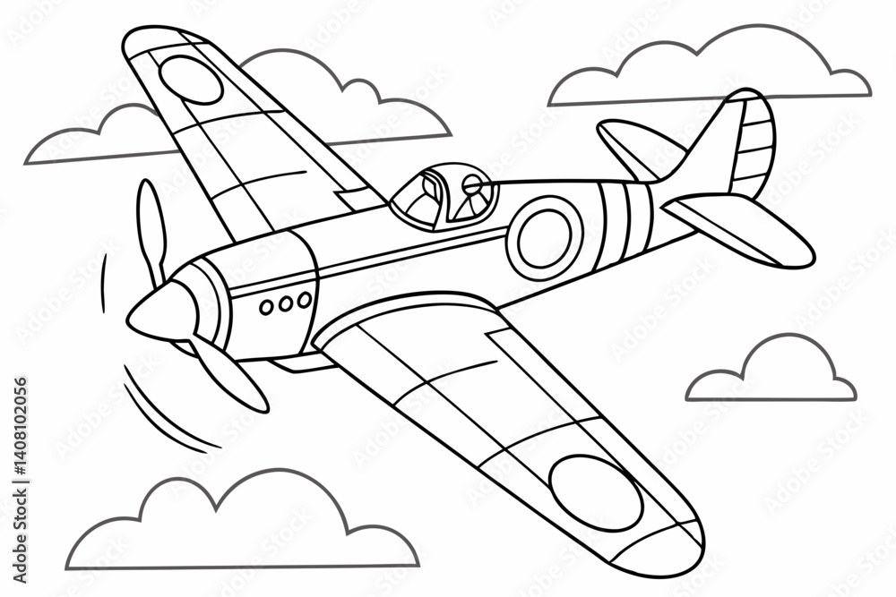 Naklejka premium Coloring Pages, Fighter Plane in flight, uncolored, black and white