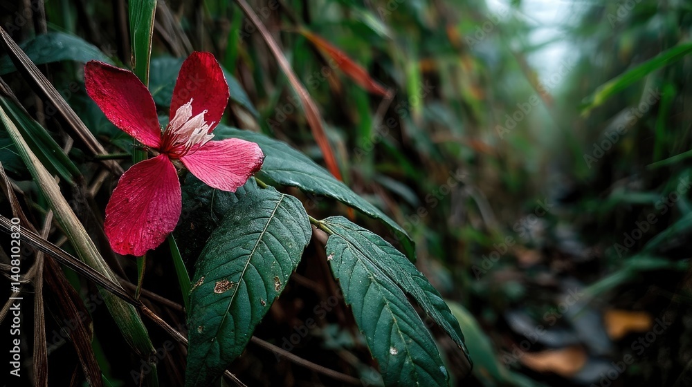 Vibrant crimson flower nestled amidst jungle foliage. Vibrant crimson flower nestled amidst jungle foliage.