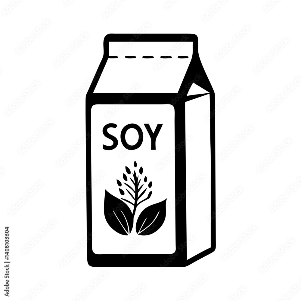 Plant-based soy milk carton with a minimalist design in black and white vector style Plant-based soy milk carton with a minimalist design in black and white vector style