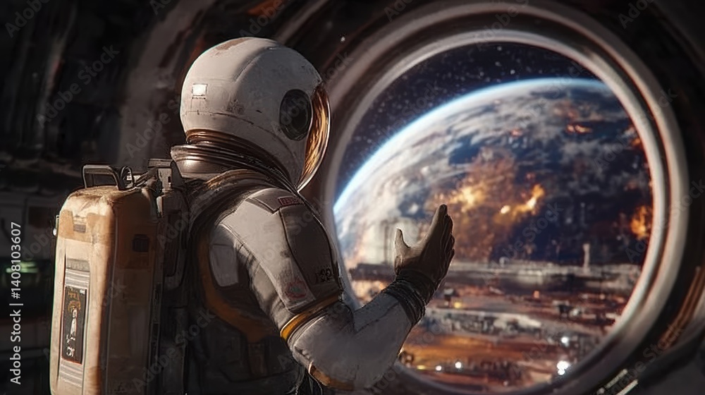 Fototapeta premium Astronaut observing earth from space station window