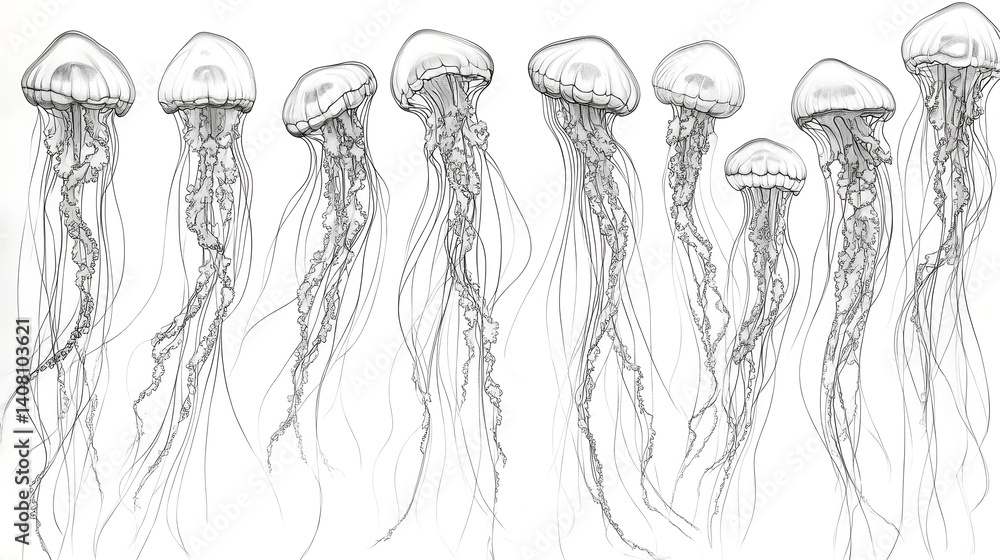 Group of jellyfish suspended in water with trailing tentacles and dome shading drawn in delicate sketch form, high resolution photo Group of jellyfish suspended in water with trailing tentacles and dome shading drawn in delicate sketch form, high resolution photo