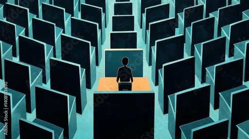 A person surrounded by digital screens.