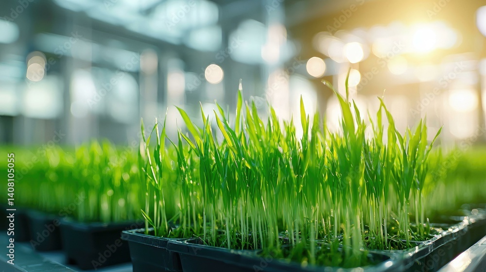 Lush green seedlings thrive in a greenhouse, illuminated by soft sunlight, showcasing the beauty of nature's growth and the potential of sustainable agriculture practices.