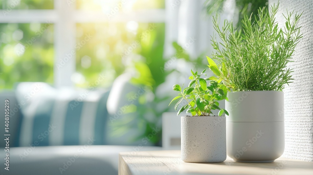 A serene indoor setting featuring vibrant green potted plants resting on a wooden table, illuminated by soft sunlight, creating a calming and refreshing atmosphere for home decor.