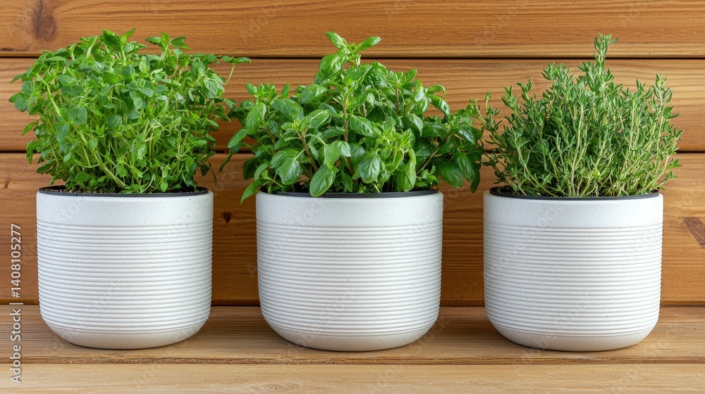 Fresh herbs growing in white pots on a wooden shelf, showcasing popular culinary plants for home cooking; ideal for gardeners and food enthusiasts looking to enhance their dishes.