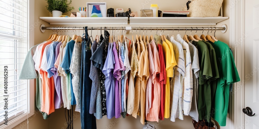 A closet full of colorful shirts hanging on a rack. The shirts are arranged in a rainbow order, from light to dark. The closet is well-organized and tidy, with a window in the background
