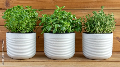 Obraz na płótnie Fresh herbs growing in white pots on a wooden shelf, showcasing popular culinary plants for home cooking; ideal for gardeners and food enthusiasts looking to enhance their dishes. w salonie