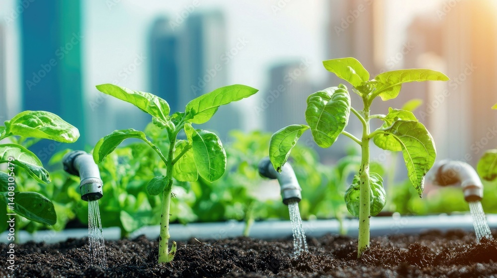 Urban farming with green seedlings nourished by modern irrigation systems, set against a city skyline showcasing the integration of nature and urban living.
