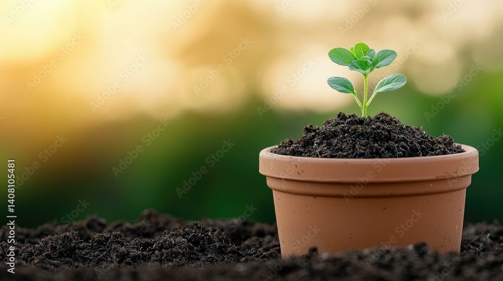 A small green plant sprouting in a terracotta pot, symbolizing growth, renewal, and the beauty of nature, basking in the gentle light of a setting sun.