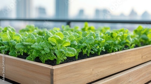 Obraz na płótnie A vibrant rooftop garden featuring fresh green plants growing in wooden planters, showcasing urban gardening and sustainable living in a modern city environment. w salonie