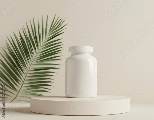 White supplement bottle mockup on a round podium with a palm leaf
