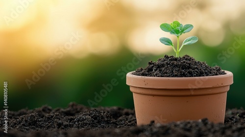 Obraz na płótnie A small green plant sprouting in a terracotta pot, symbolizing growth, renewal, and the beauty of nature, basking in the gentle light of a setting sun. w salonie