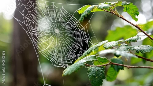 A delicate spider web sparkles beautifully in the gentle morning light, nestled among the lush greenery of a serene forest setting