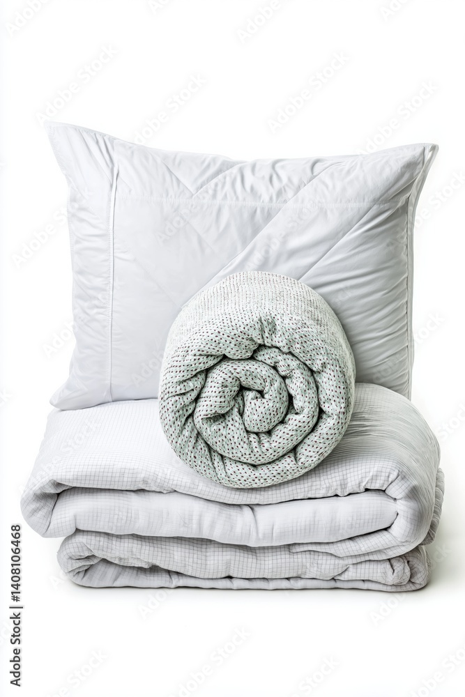 A white pillow and blanket are stacked on top of each other. Concept of comfort and warmth, as the white bedding is soft and inviting