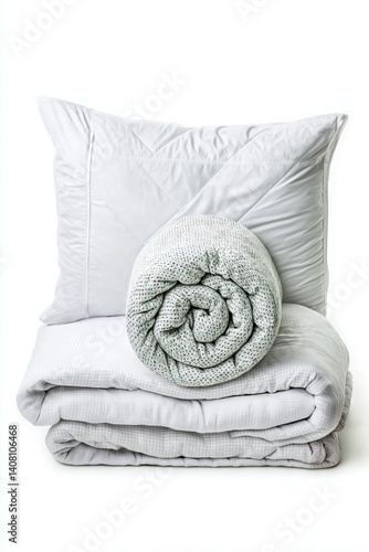 Obraz na płótnie A white pillow and blanket are stacked on top of each other. Concept of comfort and warmth, as the white bedding is soft and inviting w salonie
