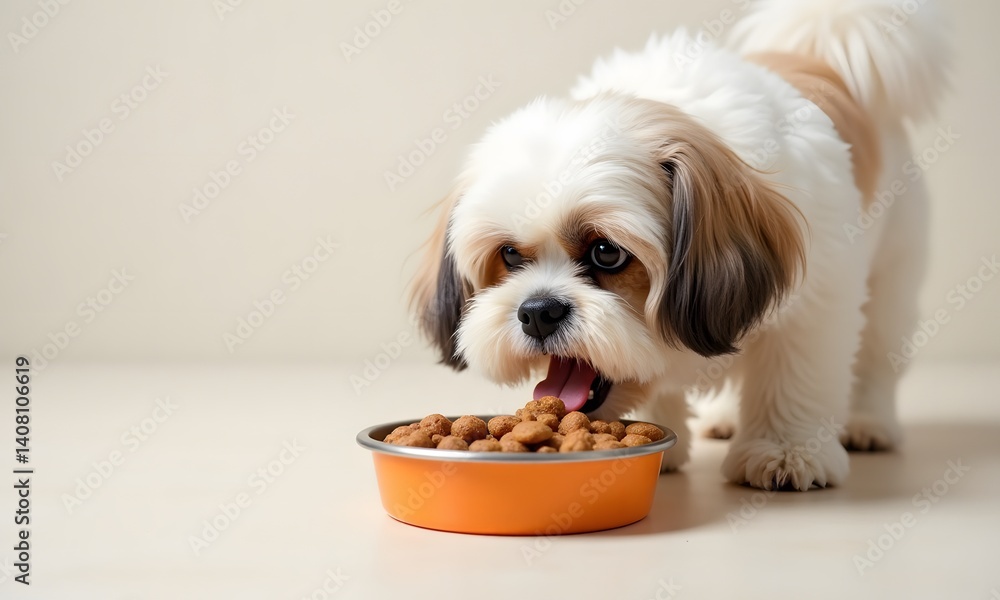 Content Shih Tzu Dog Enjoying Meal from Orange Bowl Content Shih Tzu Dog Enjoying Meal from Orange Bowl