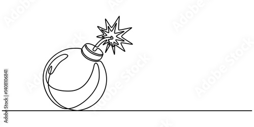 Bomb with burning fuse in one Continuous line drawing. Stress explosion and boom concept with fire wick in simple linear style, Bomb one line art, hand drawn military supply, ammunition continuous pro