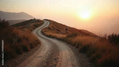 Winding Dirt Road Ascending Hillside at Sunset