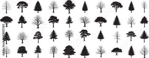 silhouette tree line drawing set, Side view, set of graphics trees elements outline symbol for architecture and landscape design drawing