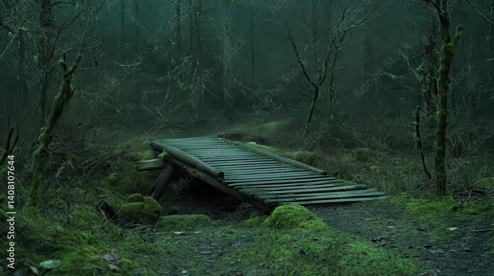 Fototapeta premium Wooden bridge, mossy forest, misty path.