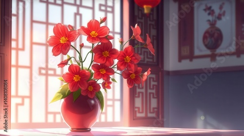 Soft Red Anime Flowers in Vase, Chinese Room Interior Cartoon Backdrop

