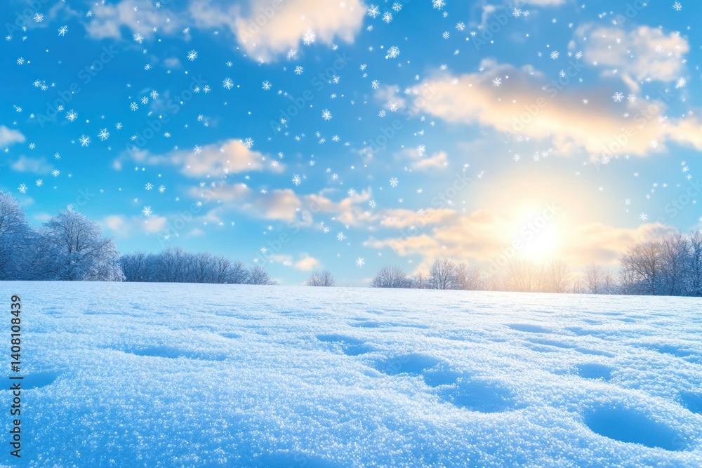 Serene Winter Landscape with Snowflakes and Bright Sky Serene Winter Landscape with Snowflakes and Bright Sky