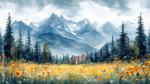 Fototapeta Naklejka Na Ścianę i Meble -  wooden children s castle in the forest forest against the backdrop of mountains flowers watercolor illustration,stock image