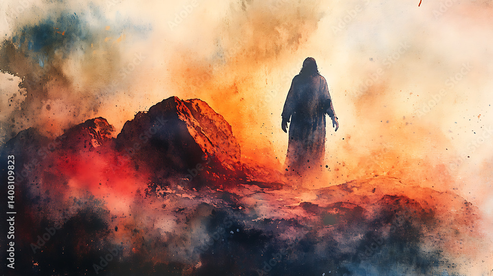 Fototapeta premium Dramatic moment of release, hand in focus dropping stone, Jesus’ silhouette out of focus behind, dusty biblical environmentHighly detailed, cinematic composition,Realistic anatomy and drapery,