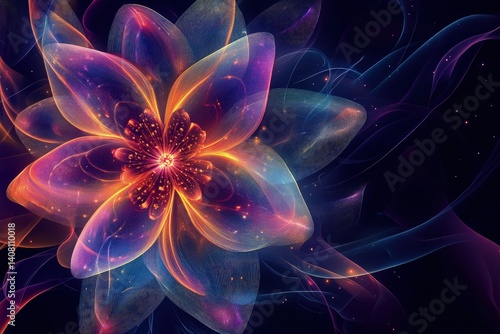 A glowing, abstract flower pattern with neon colors and soft, fluid lines against a dark background.