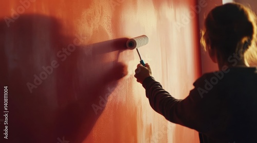 Painter applying the final coat of paint to a wall in a living room. Featuring smoothness and detail
