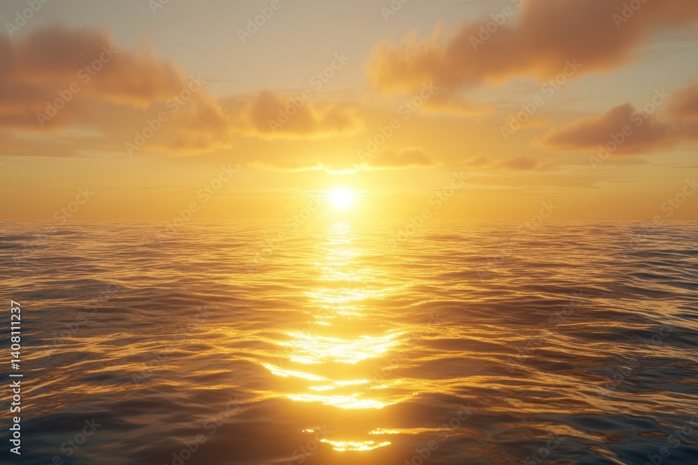 Obraz premium Golden sunset over calm ocean waters with reflective ripples and soft clouds