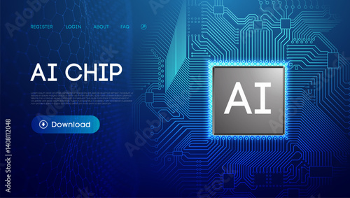 3d ai chip tech background, computer semiconductor circuit board. Abstract digital blue data cloud concept, futuristic artificial intelligent microchip robot cpu processor vector.