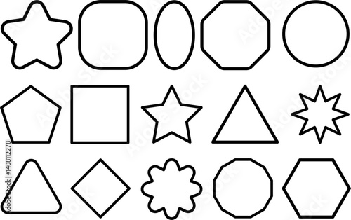 Set of geometric vector shapes with bold black outlines including stars, circles, polygons, squares, and abstract forms for design, education, or graphic projects

