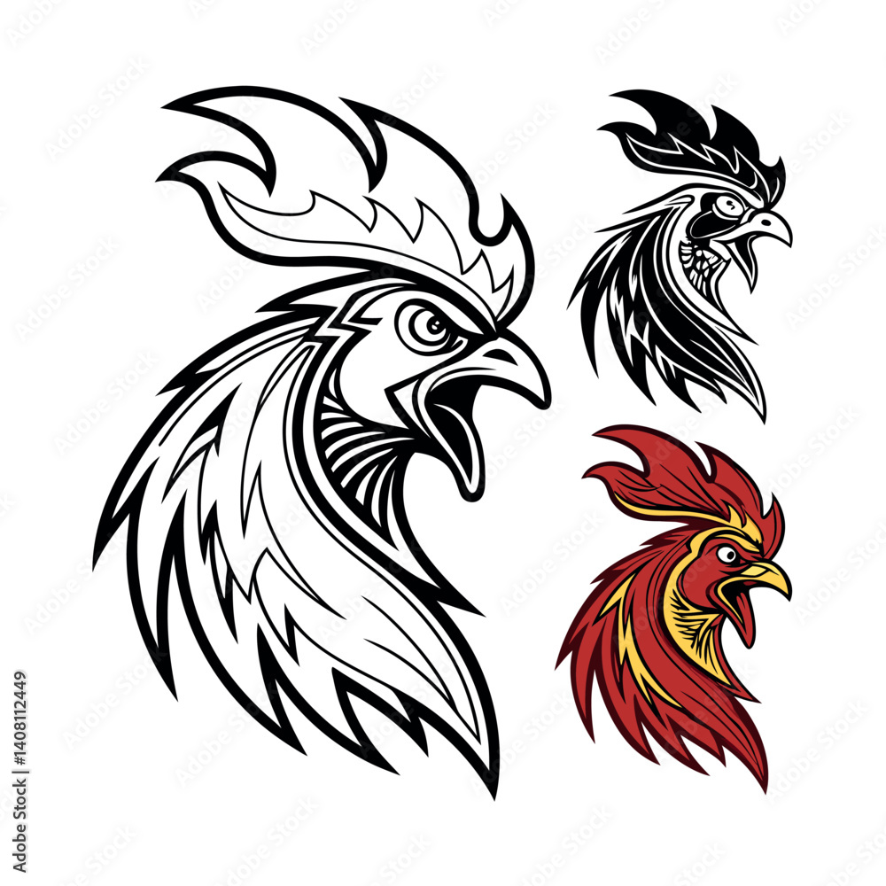 Fototapeta premium Set of 3 rooster head illustrations vector