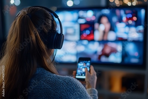 Woman with Headphones Using Smartphone and Watching TV