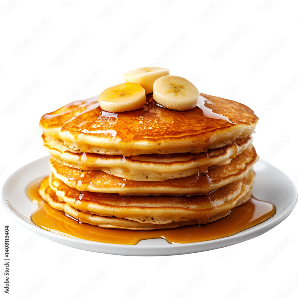Delicious pancakes with banana slices and syrup Delicious pancakes with banana slices and syrup