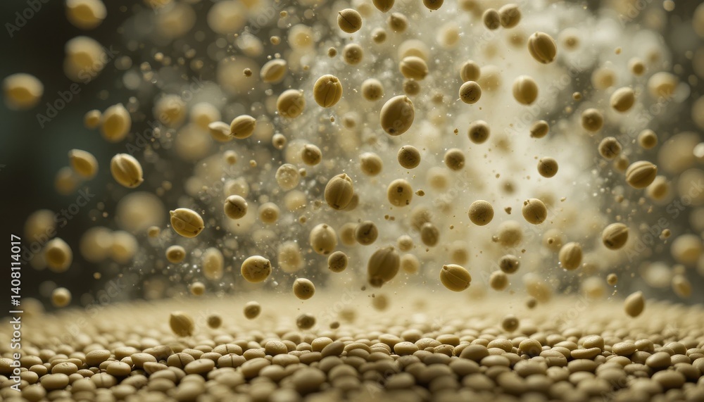 Fototapeta premium Dynamic Chia Seeds in Motion A Close-Up View of Falling Seeds and Fine Mist