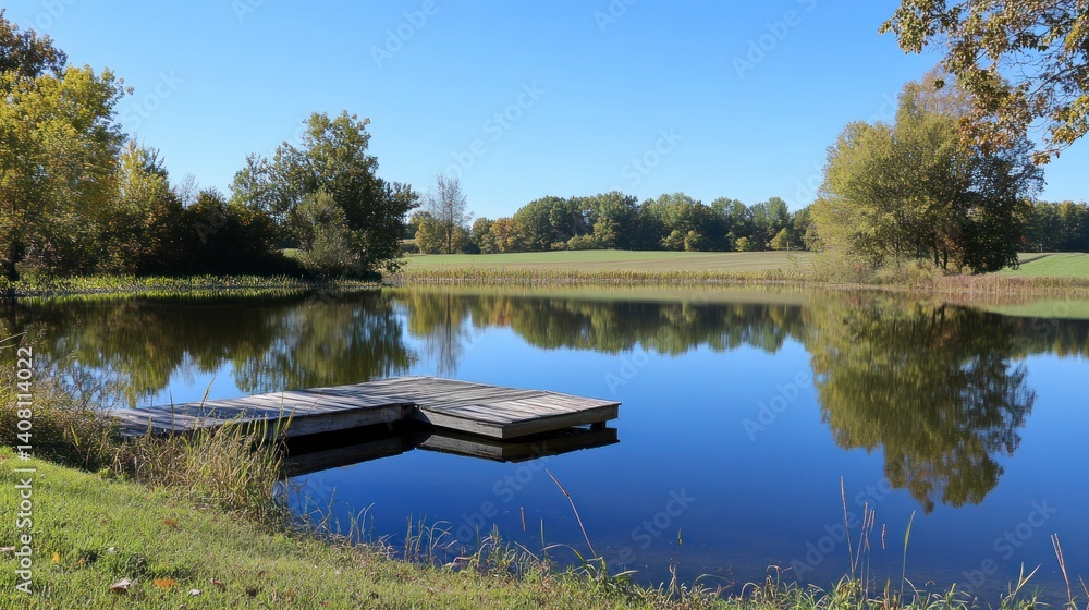 Wooden Dock on Calm Lake Reflecting Trees and Blue Sky Day Wooden Dock on Calm Lake Reflecting Trees and Blue Sky Day